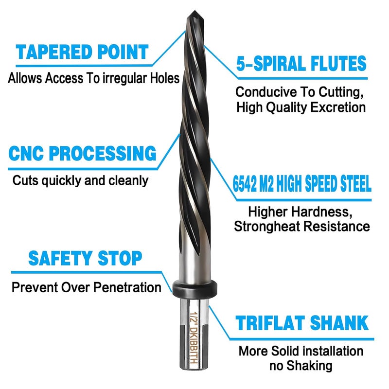 DKIBBITH 1/2” Bridge Construction Reamer Drill Bit, M2 HSS Taper Chucking Reamer for Steel Alloy Metal Wood Plastic, 1/2" Non-Slip Shank, 5-Spiral Flutes Car Reamer, to Align or Enlarge Holes, 12mm - Image 3